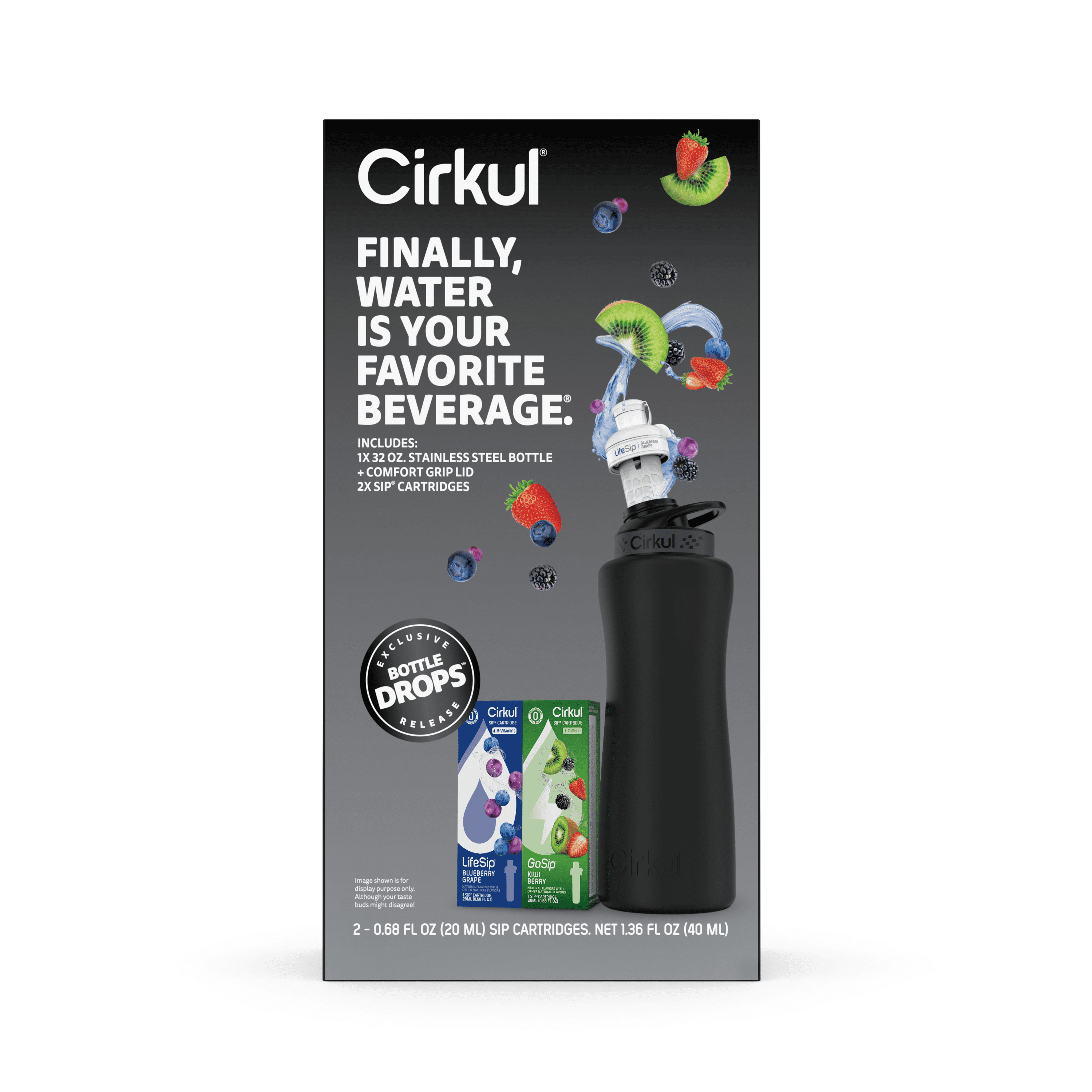 32Oz Matte Black Stainless Steel Starter Kit with Matte Black  Lid 2.0 and 2 Flavor Cartridges (Blueberry Grape & Kiwi Berry)