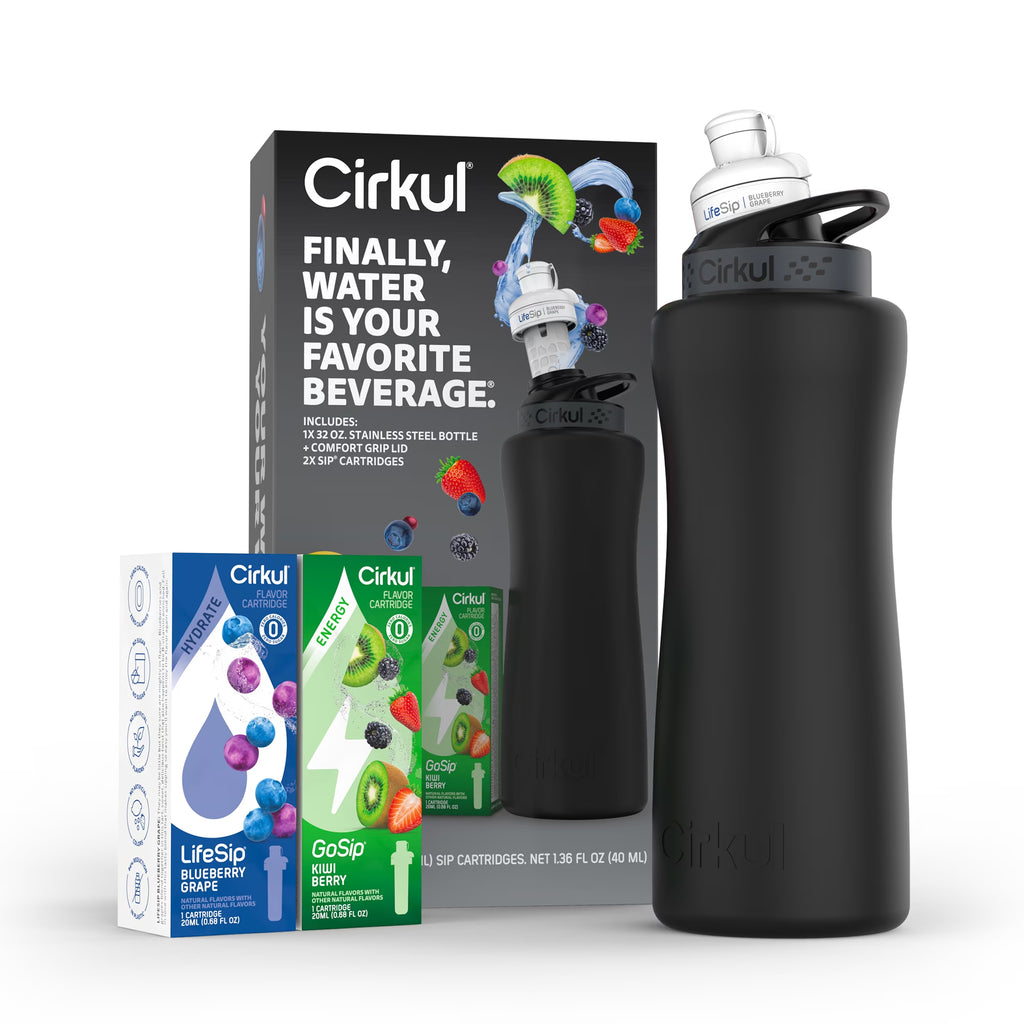 32Oz Matte Black Stainless Steel Starter Kit with Matte Black  Lid 2.0 and 2 Flavor Cartridges (Blueberry Grape & Kiwi Berry)