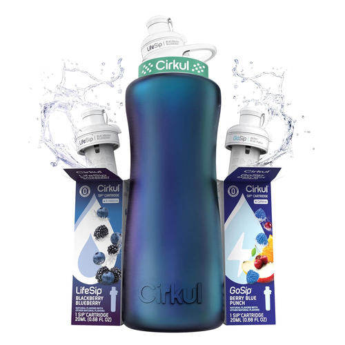 Cirkul 32oz stainless steel water bottle with LifeSip Blackberry Blueberry and GoSip Berry Blue Punch flavor cartridges