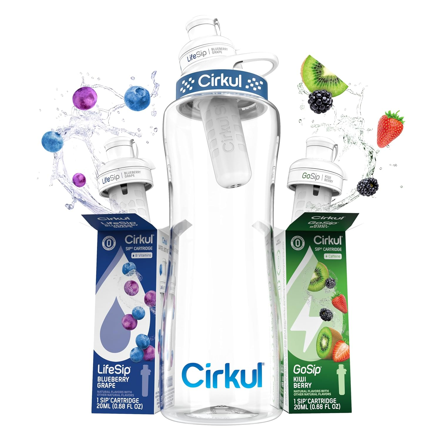 Cirkul 32oz clear plastic water bottle with LifeSip Blueberry Grape and GoSip Kiwi Berry flavor cartridges